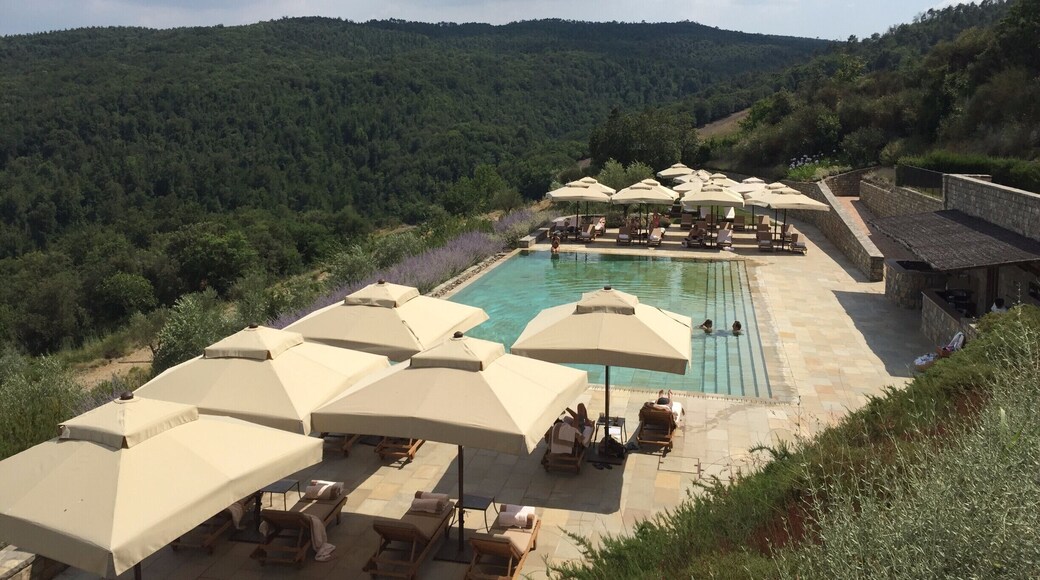 Beautiful view of the hotel pool (a number of the villas have their own pools) from a terrace above, with the Tuscan hillside in the background.