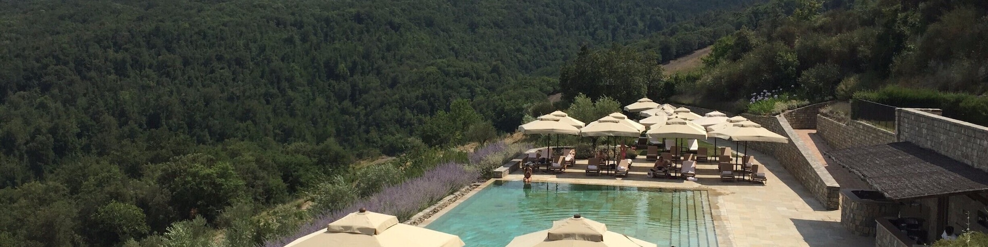 Beautiful view of the hotel pool (a number of the villas have their own pools) from a terrace above, with the Tuscan hillside in the background.