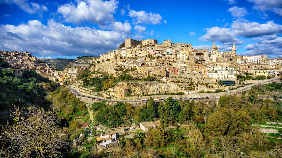 A historic town built on a hillside with a prominent church and fortress.