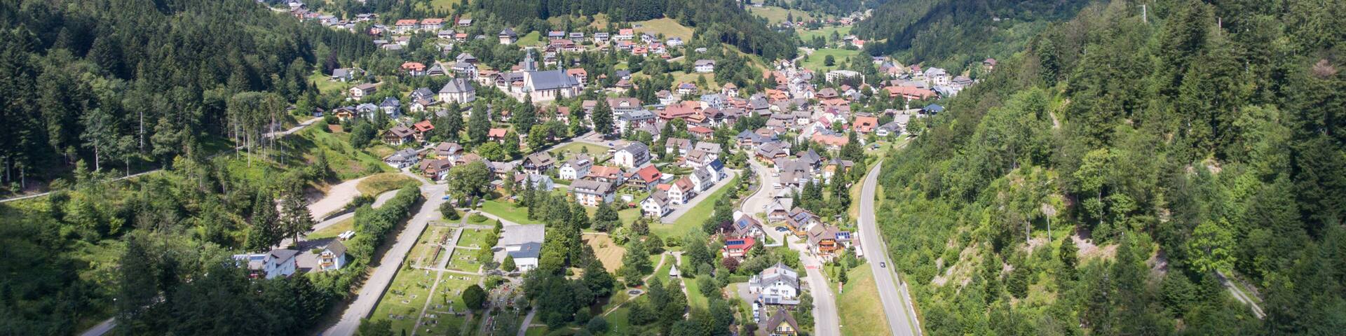 A town nestled in a valley surrounded by forested hills.