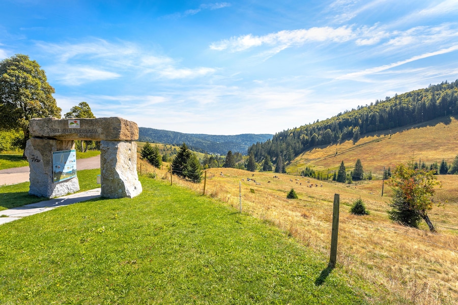 a monument marks the gate to the Wehra valley, southern Black Forest, Germany, at the pass height WeiBenbachsattel between Gschwend and Todtmoos