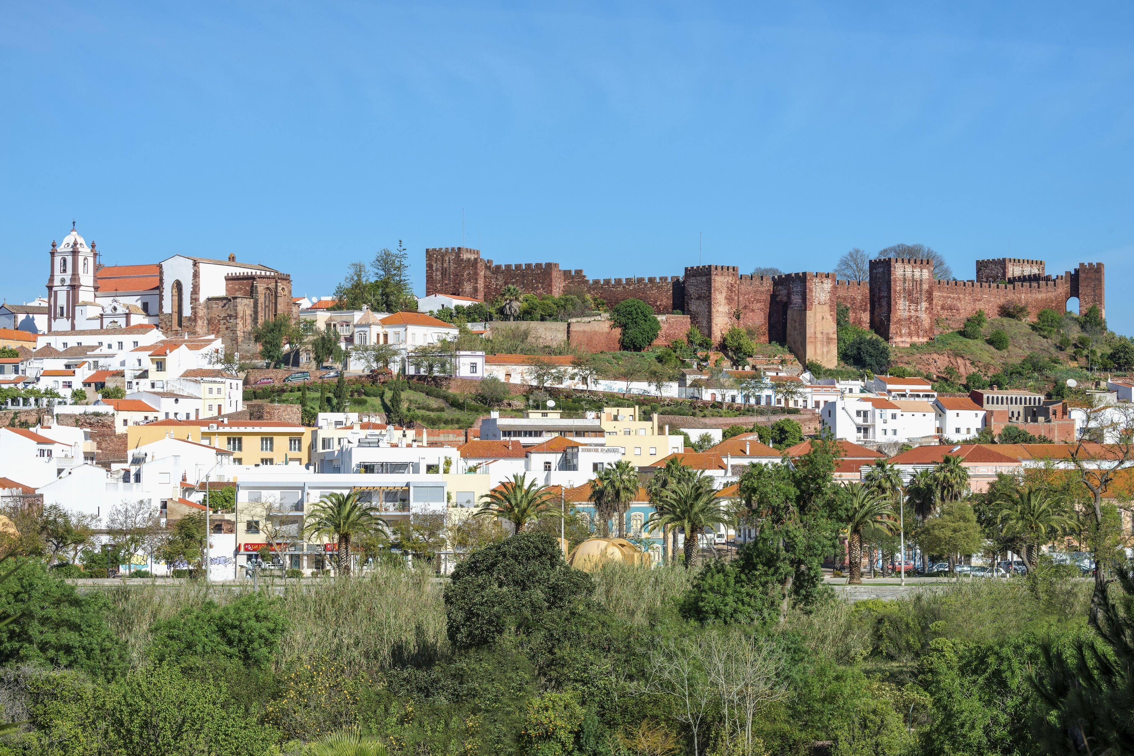 Cityscape with the Moorish castle and the cathedral, Silves, Algarve, Portugal