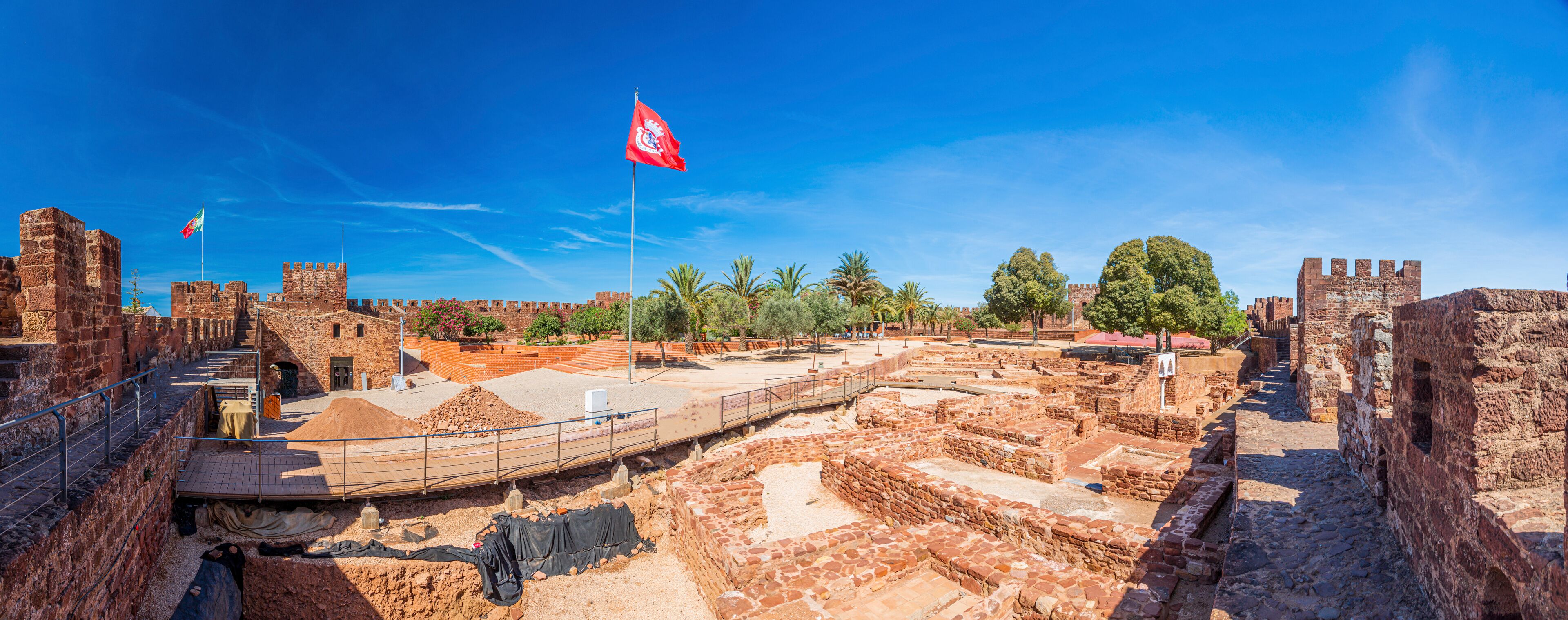Panoramic picture over courtyard of Castelo de Silves in Portugal without people in summer