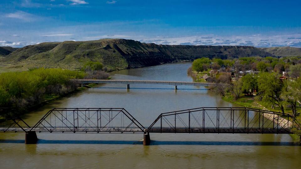 MAY 22, 2019, Fort Benton, Montana, USA - Historic Fort Benton, and Fort Benton Bridge, Montana, site of Lewis and Clark and the birthplace of Montana