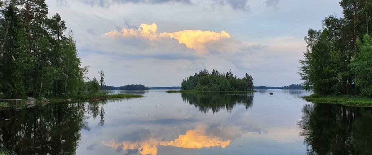 Reflection of trees and clouds on lake