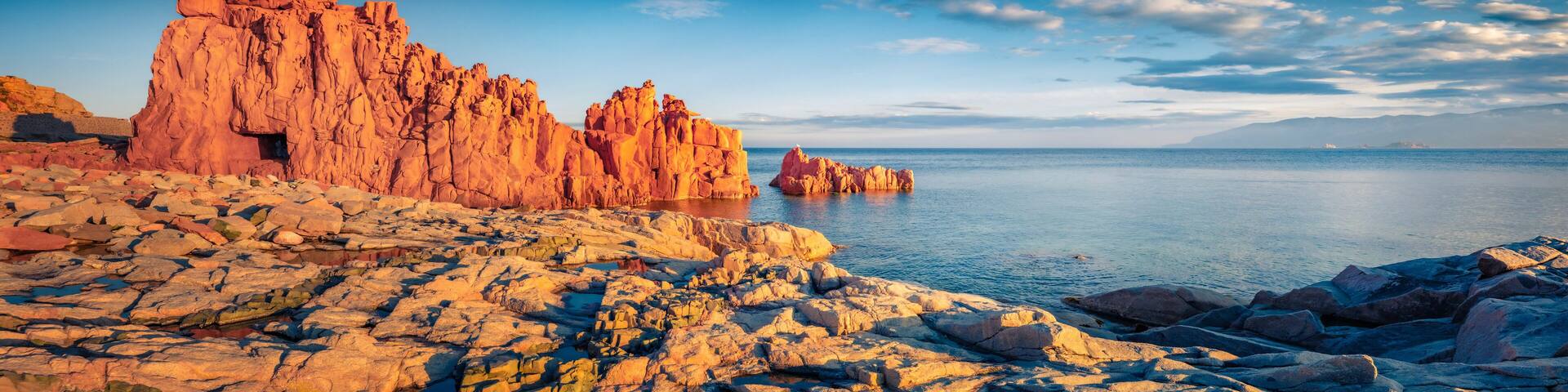 Poster of Red Rocks Beach, Arbatax. Amazing summer seascape of Mediterranean sea. Wonderful outdoor scene of Sardinia island, Italy Europe. Beauty of nature concept background.