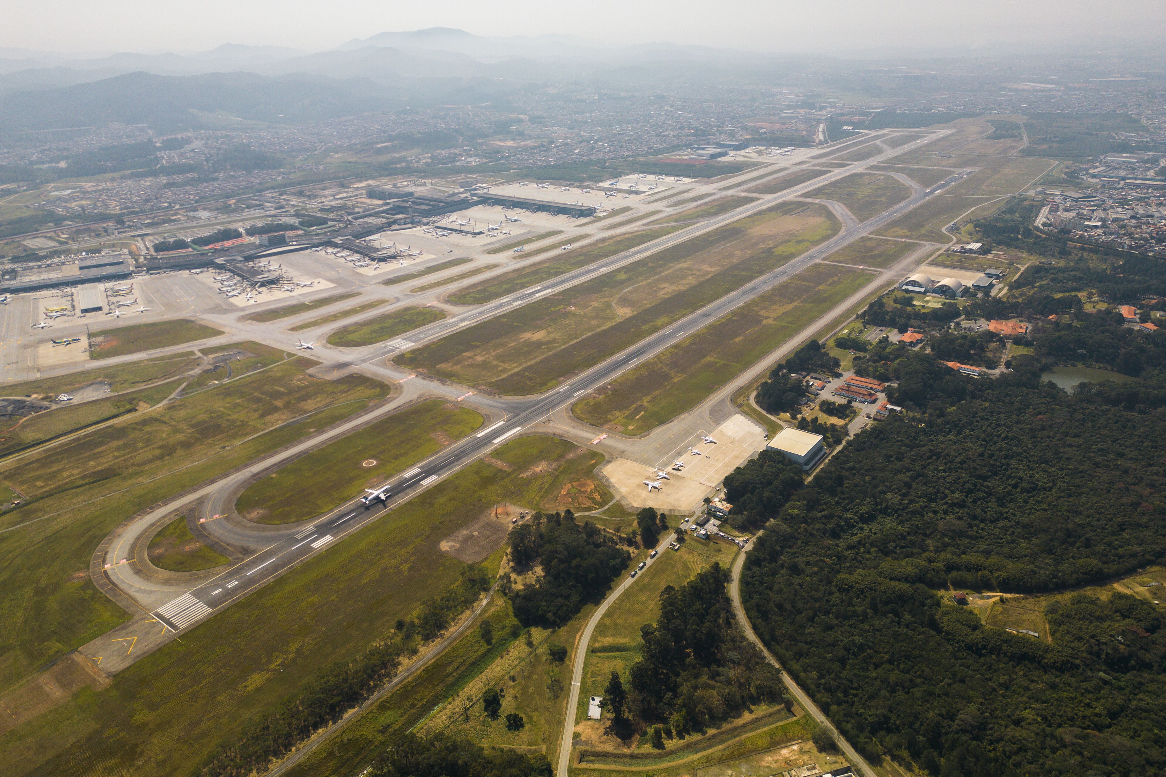 Aerial View of Runway and Airport of Guarulhos International, Sao Paulo, Brazil