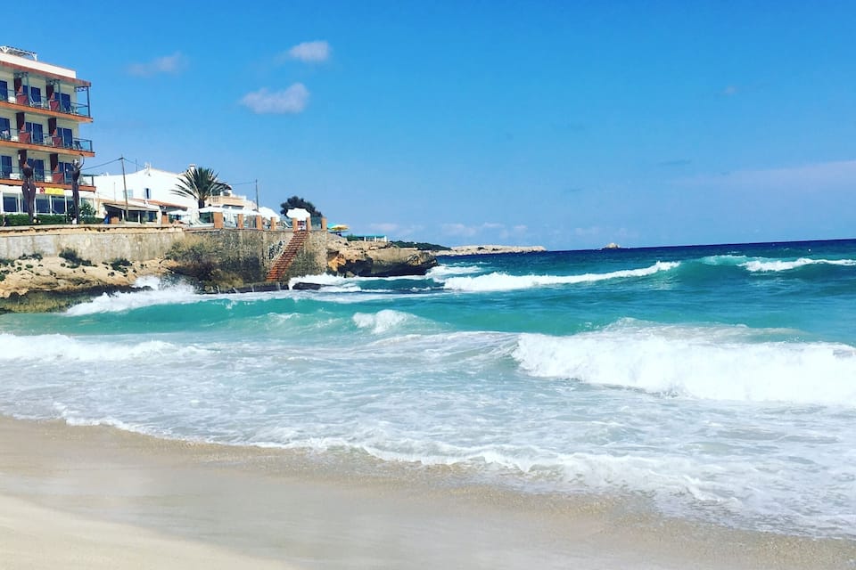Una playa con olas, un edificio y una palmera.