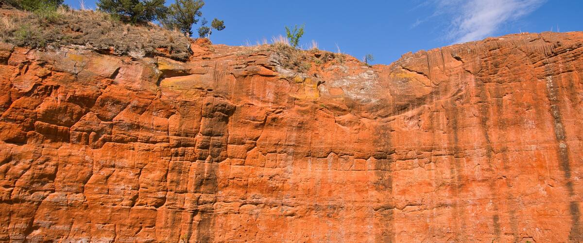 A red rock cliff with sparse vegetation and a clear blue sky.