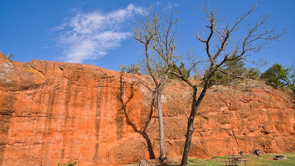 A red rock formation with a picnic table and a tree in front.