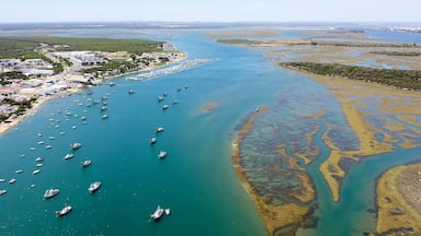 Aerial view over the village, marinas and fishing port of Punta Umbría, and the river Piedras, in the Atlantic coast of Huelva, Andalusia, Spain.