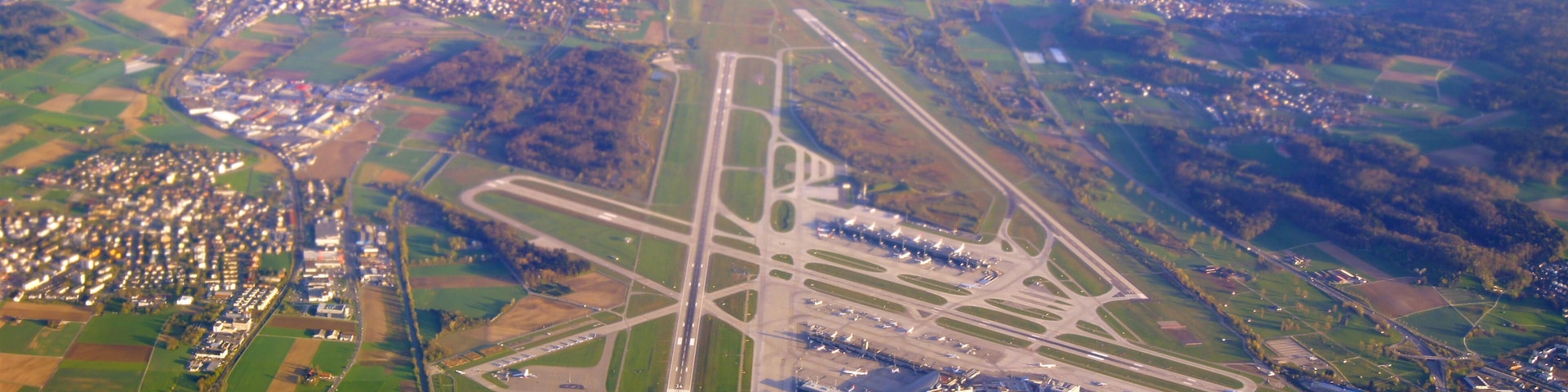 ZURICH, SWITZERLAND - 15th APRIL 2015: Aerial view of the multiple runways and terminals at Zurich international airport