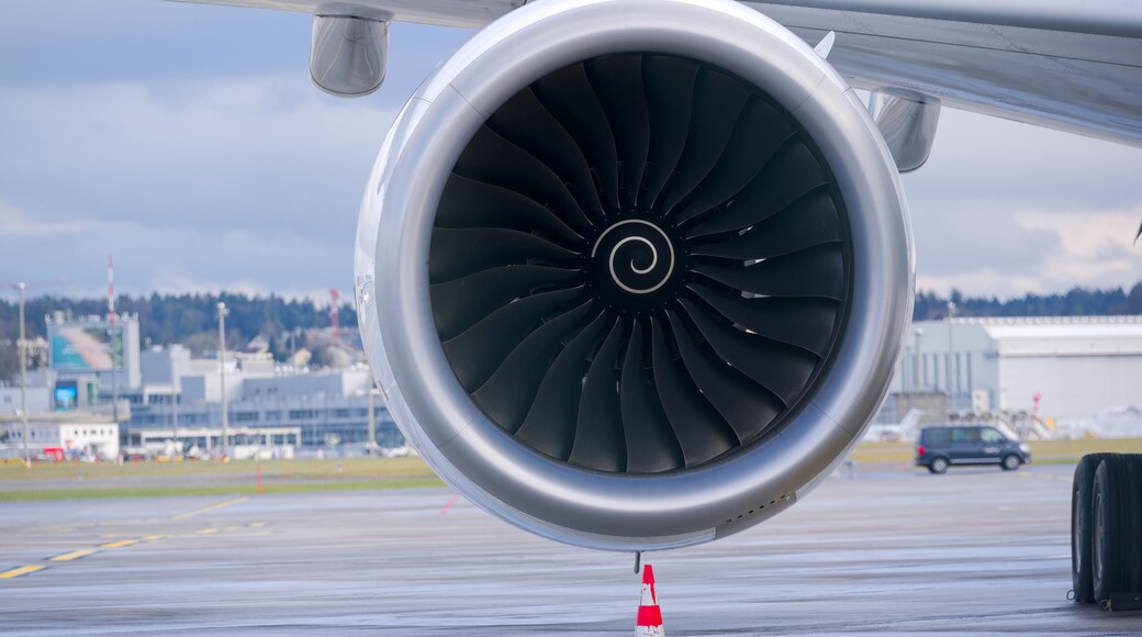 Close-up front view of jet engine at Swiss Airport Zürich Kloten on a winter day. Photo taken January 23rd, 2025, Zurich Kloten, Switzerland.