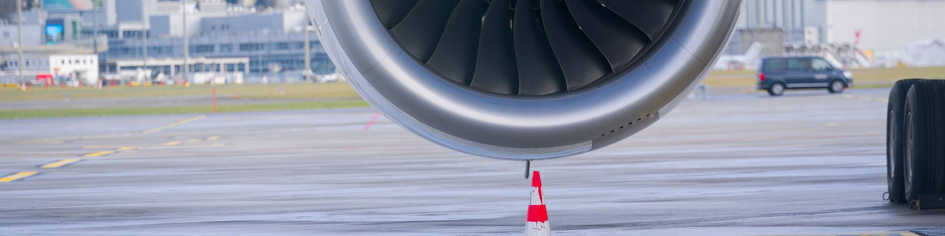 Close-up front view of jet engine at Swiss Airport Zürich Kloten on a winter day. Photo taken January 23rd, 2025, Zurich Kloten, Switzerland.