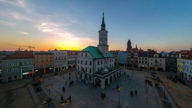 The Central square of Gliwice at sunset. Aerial view