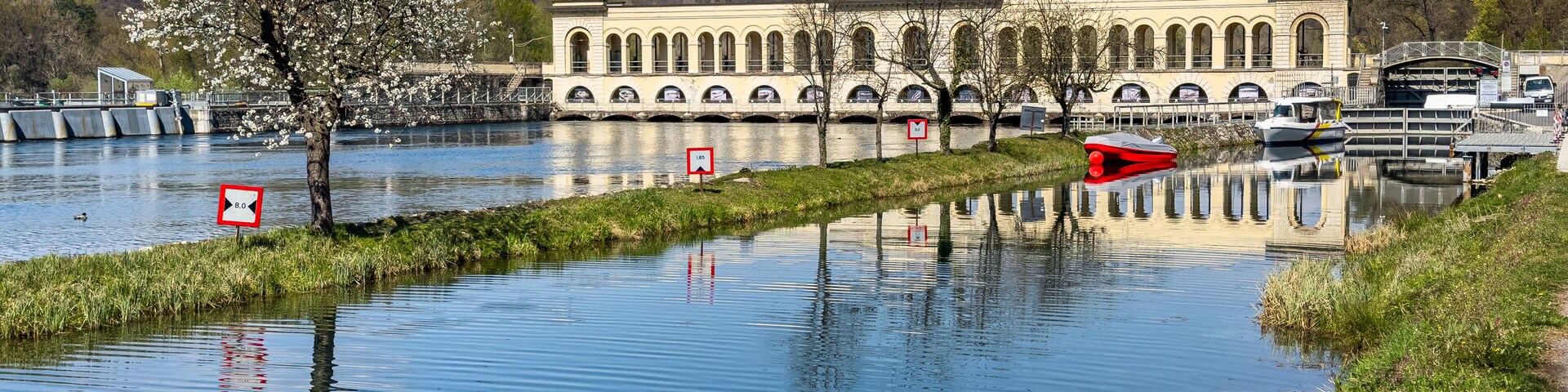 View of Panperduto dam, a 19th century hydraulic masterpiece located on the Villoresi canal, Lombardy, Italy