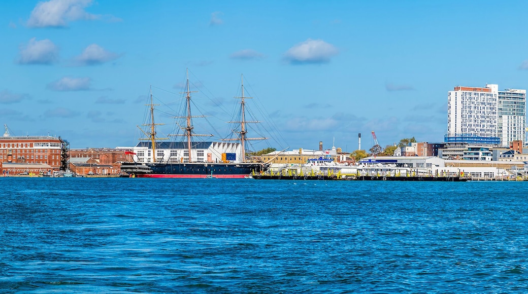A panorama view from Gosport across the historic dockyard at Portsmouth, UK in early Autumn