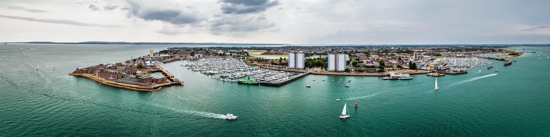 Panorama of Marina in Gosport from a drone, Portsmouth, Gosport, England