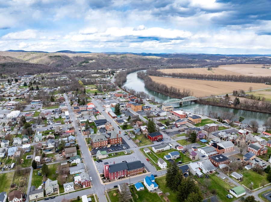 Jersey Shore, PA, USA - 03-17-2024 - Cloudy winter / spring aerial image of the borough, downtown area of Jersey Shore, Pennsylvania.