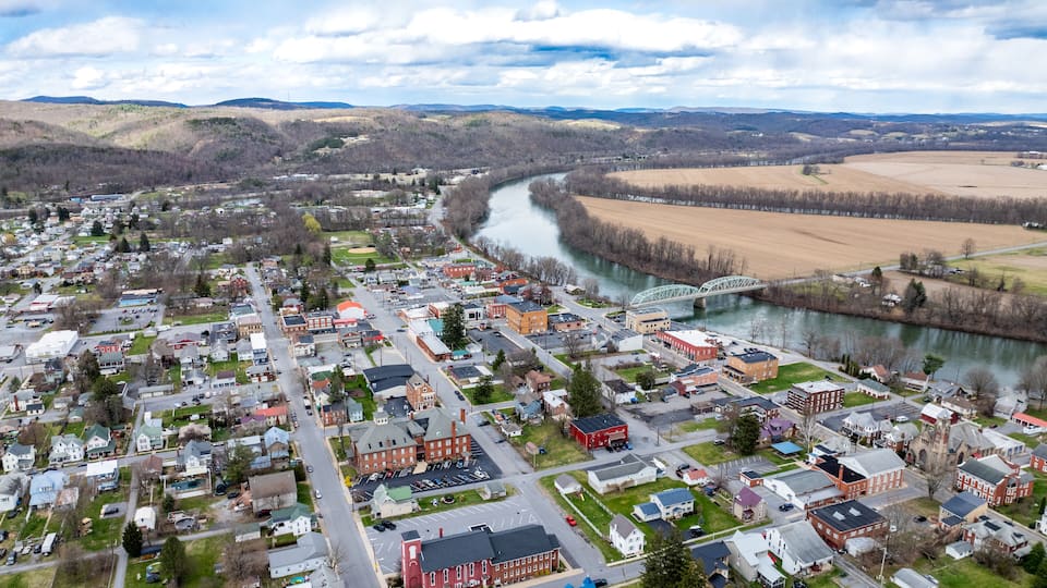 Jersey Shore, PA, USA - 03-17-2024 - Cloudy winter / spring aerial image of the borough, downtown area of Jersey Shore, Pennsylvania.