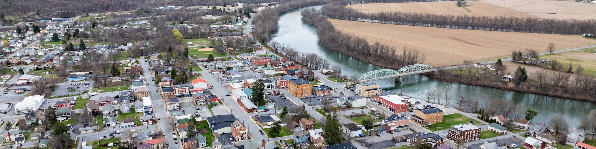 Jersey Shore, PA, USA - 03-17-2024 - Cloudy winter / spring aerial image of the borough, downtown area of Jersey Shore, Pennsylvania.