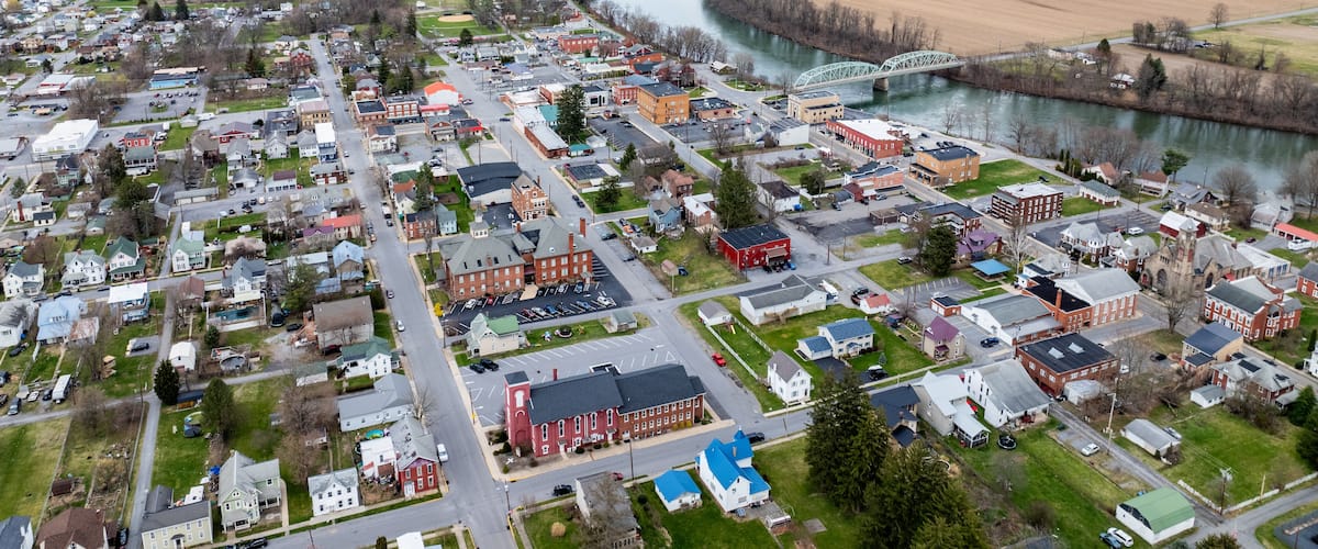 Jersey Shore, PA, USA - 03-17-2024 - Cloudy winter / spring aerial image of the borough, downtown area of Jersey Shore, Pennsylvania.
