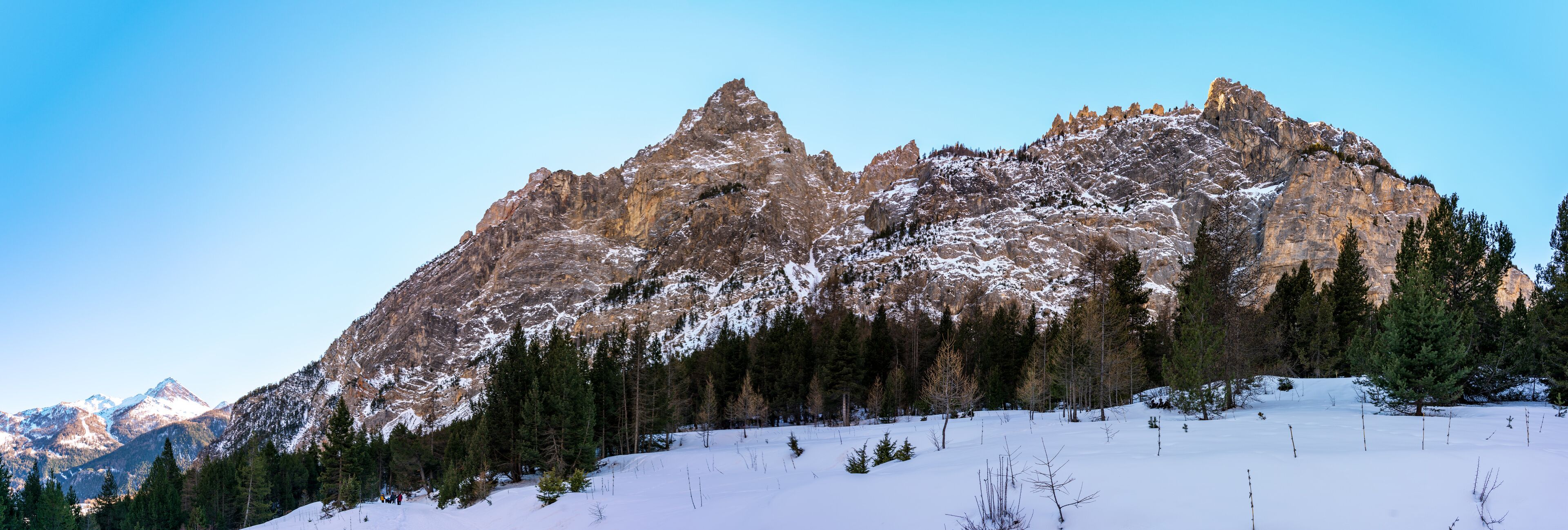 A snow-covered mountain with rugged peaks and a forested base.