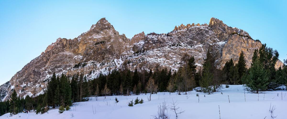 A snow-covered mountain with rugged peaks and a forested base.
