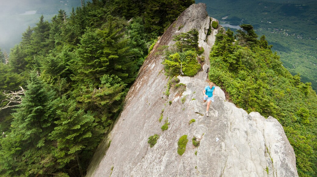 A woman trail running along a rocky ridge in Grandfather Mountain State Park, Linville, North Carolina.