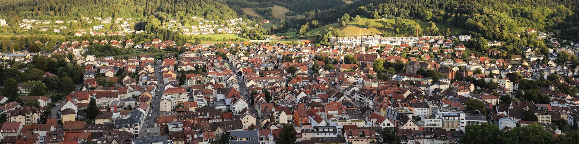 Panoramic view of the town Waldkirch and the Kandel summit in the background, Black Forest mountains, Germany, seen from the castle "Kastelburg"