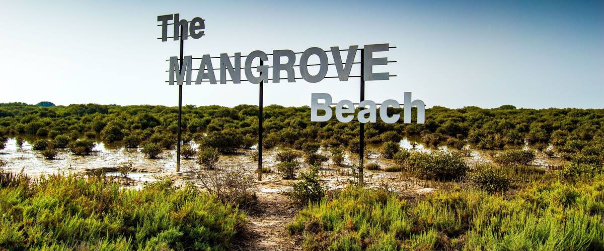 Beautiful shot of The Mangrove Beach sign on a natural background, Umm Al Quwain, UAE