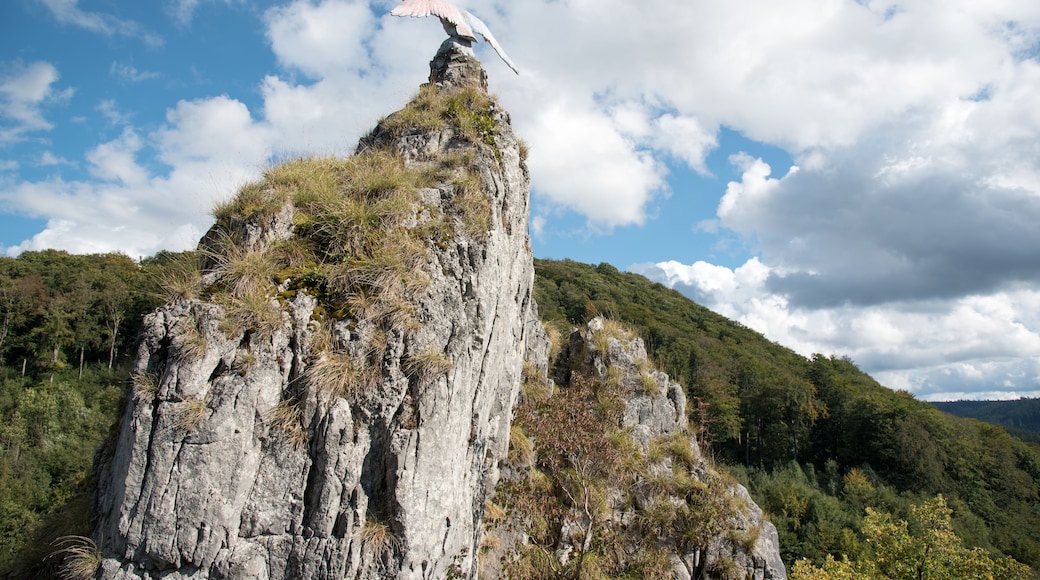 Eine Felsformation mit einer Vogelstatue darauf, umgeben von bewaldeten Bergen.