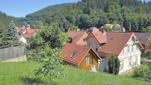 A village with red-tiled roofs nestled in a valley, surrounded by lush green hills.