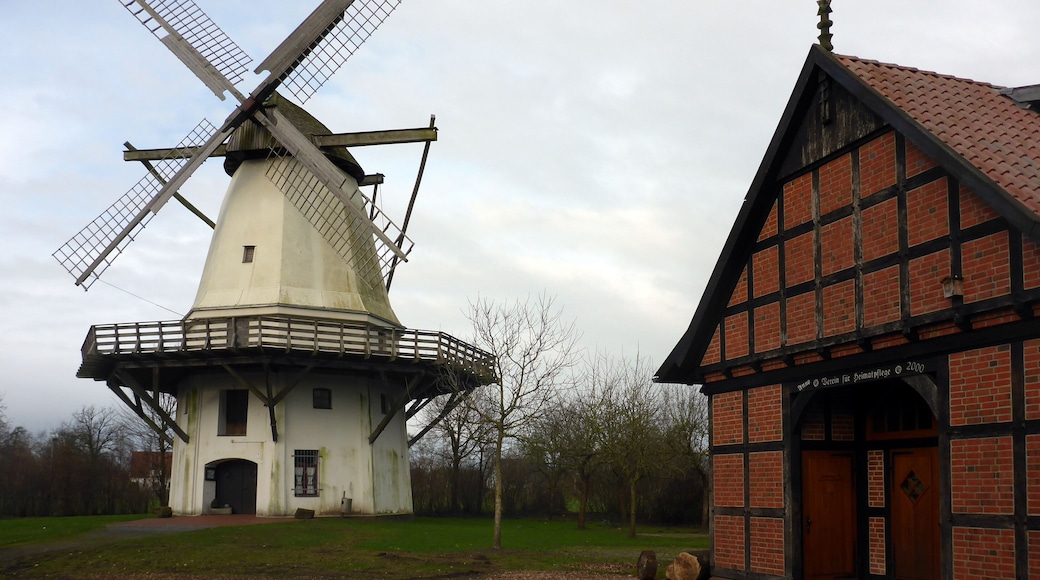 Die Windmühle (links) und das benachbarte Fachwerkgebäude (rechts) in Tonnenheide (Ortschaft der Stadt Rahden) aus östlicher Richtung.