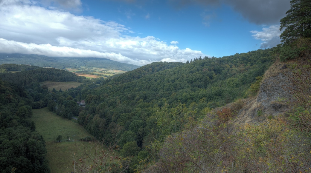 Blick vom Aussichtspunkt der Burg Bilstein im Höllental. Im unteren linken Teil des Bildes sind die Landstraße L3242 sowie der Waldgasthof Frau Holle zu erkennen.