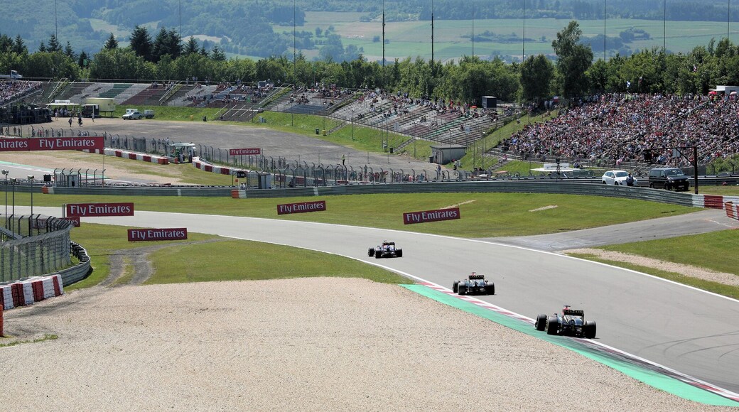 The Nürburgring is in the Eifel region of German. An old volcanic landscape.of rolling hills - a fitting setting for the German Formula 1 Grand Prix in 2013.