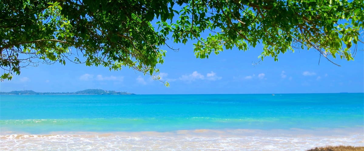 A beach with clear turquoise water, a sandy shore, and a distant island.