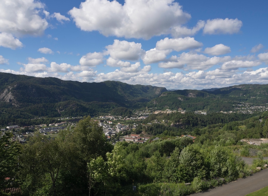 Panorama view of the village Liknes in Kvinesdal Vest-Agder county Norway from the Utsikten (Viewpoint) hotel