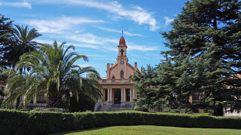 A church with a clock tower, surrounded by palm trees and a well-maintained lawn.