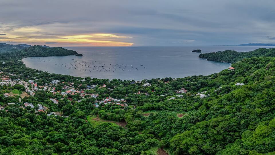 A coastal town with dense greenery and a bay filled with boats.