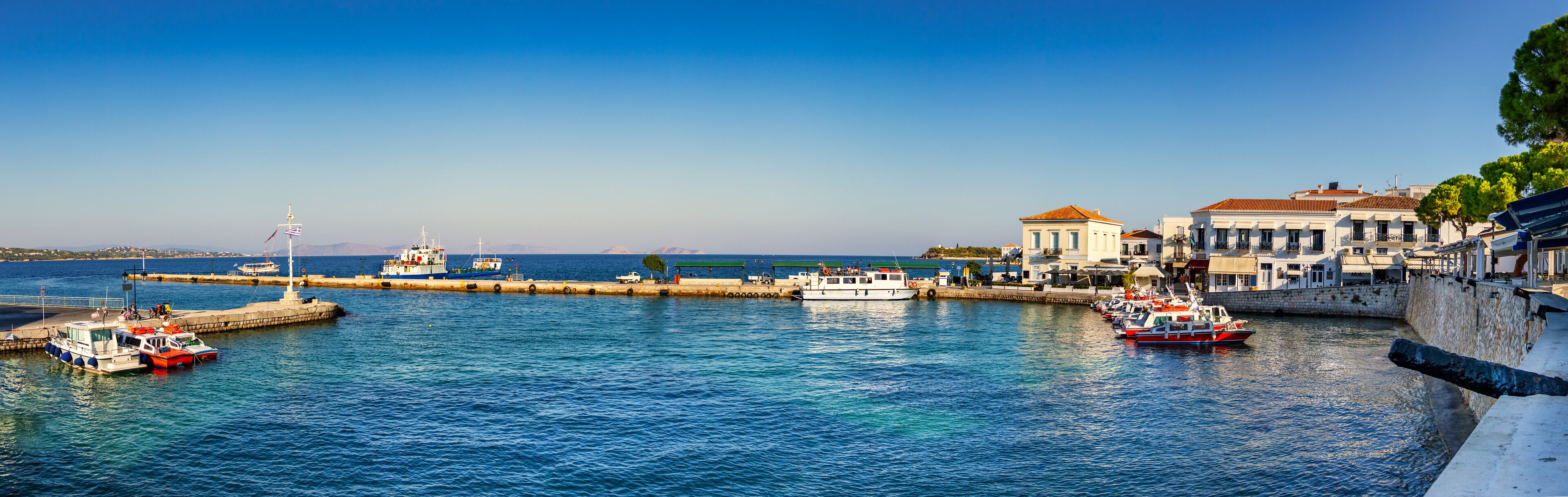 Panoramic view of the port of Spetses, Greece.