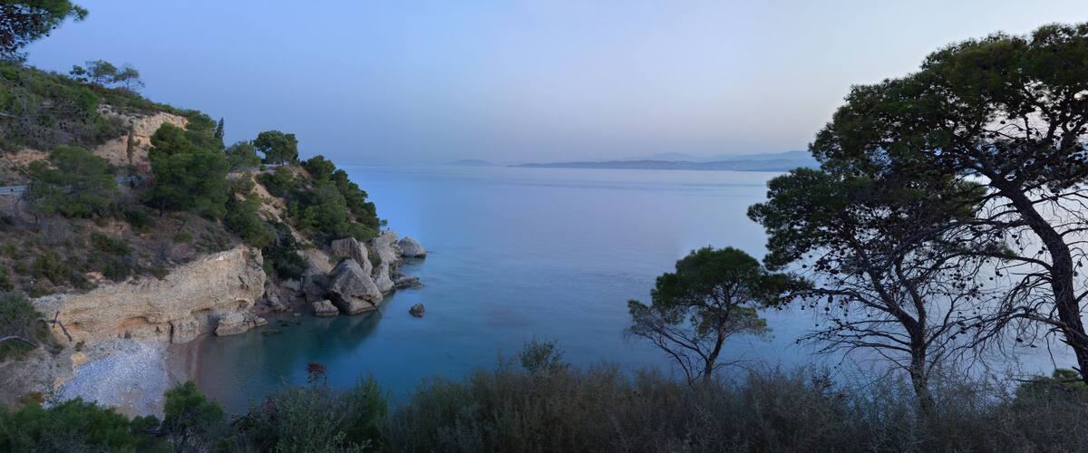 A coastal landscape with rocky cliffs, dense trees, and calm sea.