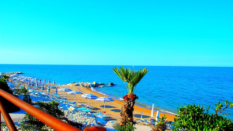 A beach with umbrellas, palm trees, and a clear blue sky.