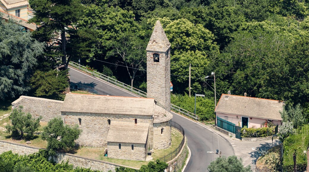 San rocco di camogli church with bell tower surrounded by lush green trees in liguria, italy