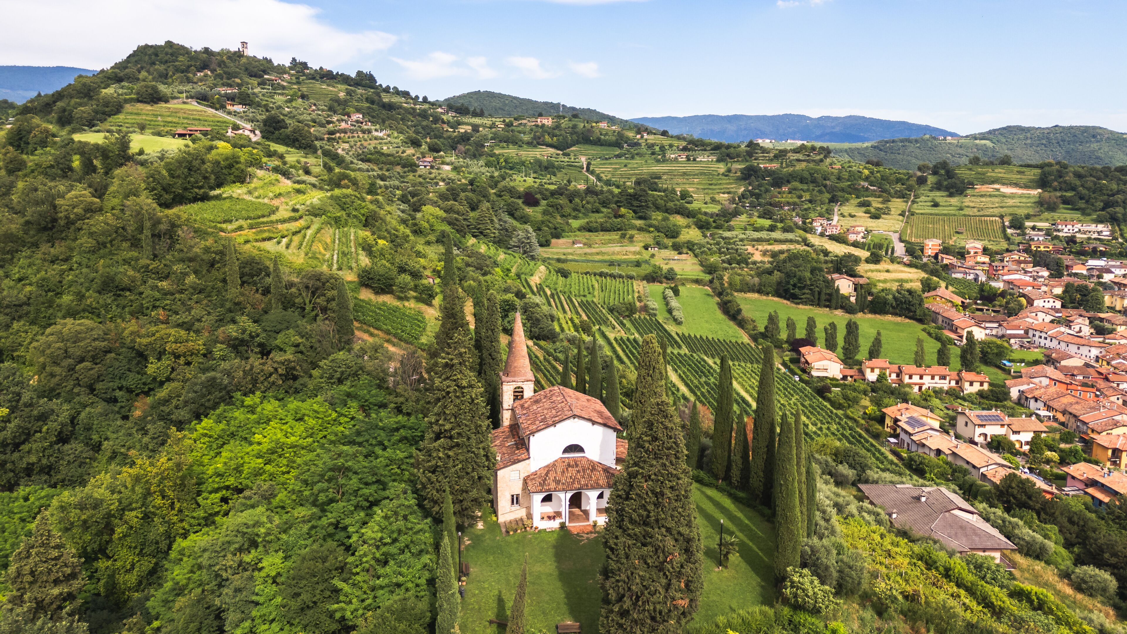 Aerial view of Franciacorta vineyards with San Rocco church in the foreground, Brescia province, Lombardy district, Italy.
