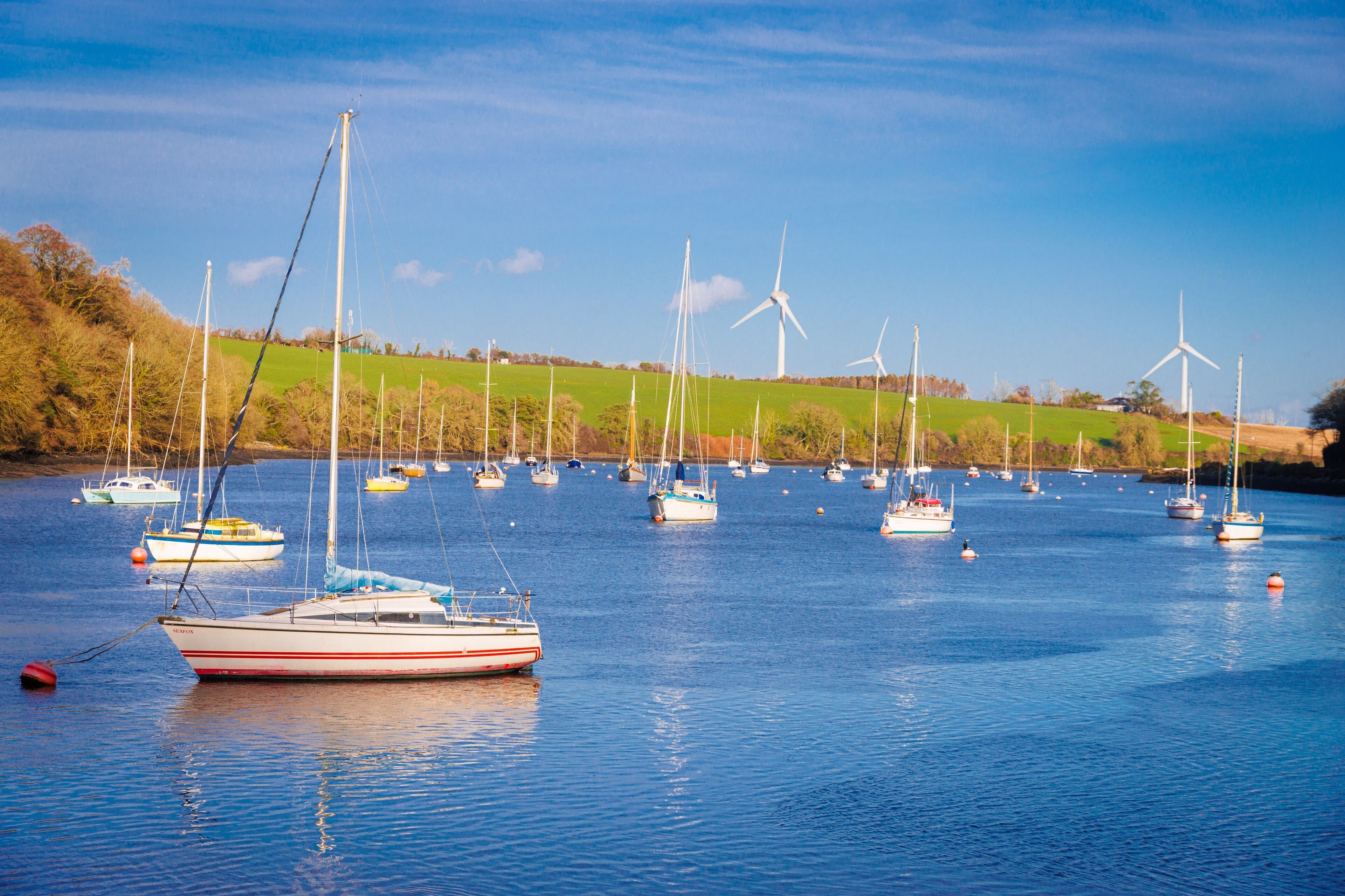boats in the harbor with windmills in the background
