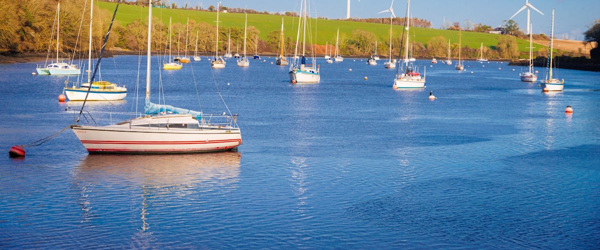 A calm harbor with several sailboats and wind turbines in the background.