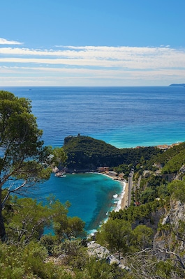 A coastal landscape with a clear blue sea, a small island with buildings, and dense green trees.