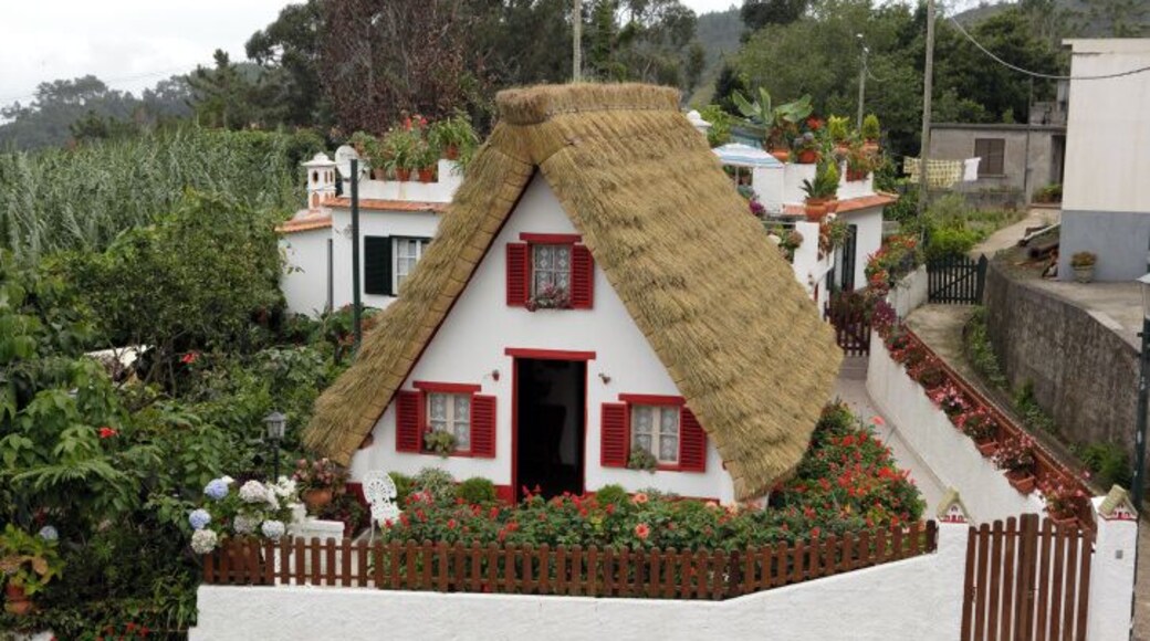 Madeira, Santana, traditional thatched house, elevated view