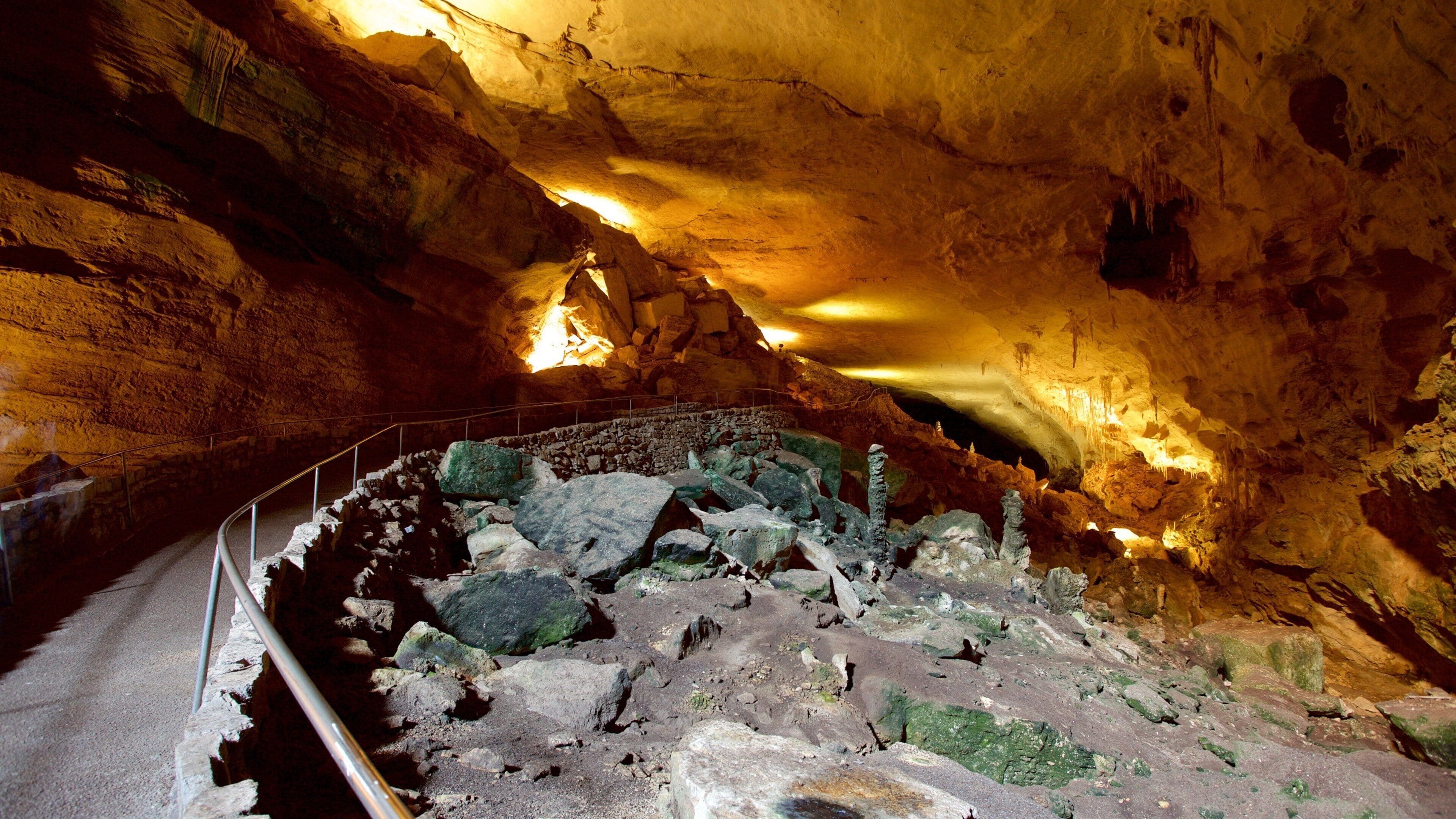 A cave with stalactites and stalagmites, a pathway, and a railing.